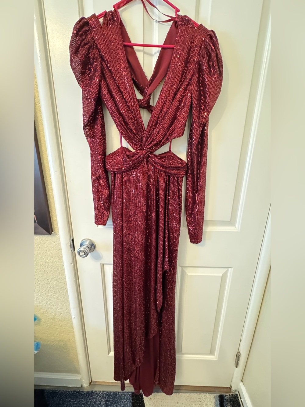 Mac Duggal Burgundy Sequin Backless Twist-Front Evening Gown